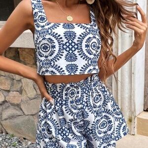 Blue and White Patterned Women's Shorts